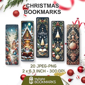 Puede incluir: Conjunto de cinco marcapáginas con temática navideña que presentan ilustraciones de un pueblo nevado, una casa con una ventana iluminada, un árbol de Navidad con adornos, un libro con una estrella y un adorno dorado con un diseño floral. Los marcapáginas miden 5,1 cm por 16 cm y 300 DPI.