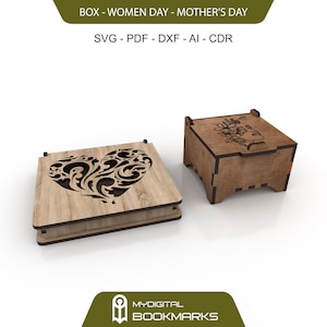 Juego de 2 cajas de regalo cortadas con láser, cajas de madera para joyería, San Valentín, mujer, día de la madre, diseño de corazón y flores, SVG, DXF