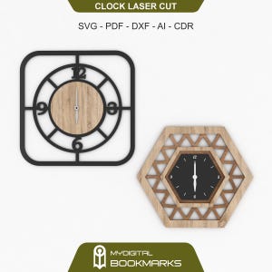 May include: Two laser cut clock designs. The first is a square clock with a black frame and a wood face. The second is a hexagonal clock with a black frame and a wood face. Both clocks have black hands and white numbers.