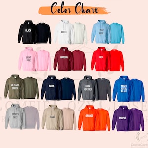 Op de afbeelding: Kleurenkaart met 16 verschillende kleuren hoodies. De kleuren zijn: zwart, wit, lichtblauw, lichtroze, bordeauxrood, rood, legergroen, marineblauw, donkergrijs, koninklijkblauw, sportgrijs, zand, oranje en paars.