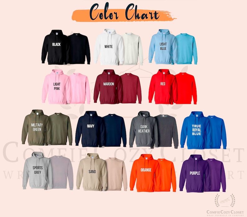 Op de afbeelding: Kleurenkaart met 16 verschillende kleuren hoodies. De kleuren zijn: zwart, wit, lichtblauw, lichtroze, bordeauxrood, rood, legergroen, marineblauw, donkergrijs, koninklijkblauw, sportgrijs, zand, oranje en paars.