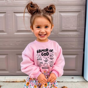 May include: A pink sweatshirt with the text "Armor of God" and a graphic of the armour of God. The graphic includes a helmet, sword, shield, breastplate, belt, and shoes.