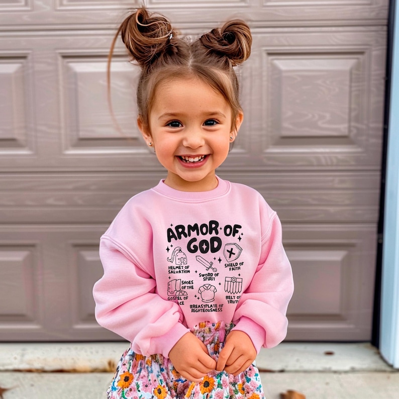 May include: A pink sweatshirt with the text "Armor of God" and a graphic of the armour of God. The graphic includes a helmet, sword, shield, breastplate, belt, and shoes.