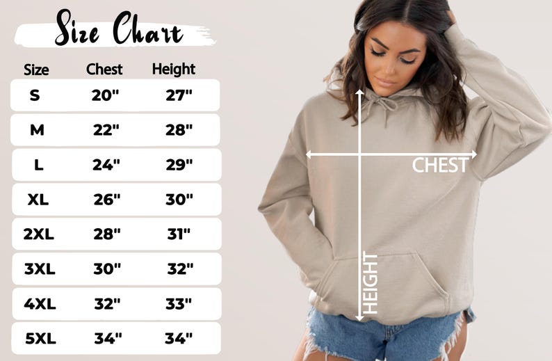 Op de afbeelding: Maattabel voor een hoodie met metingen in inches voor borst en hoogte. De maten vari&euml;ren van S tot 5XL.