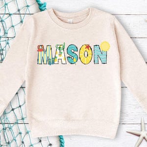Sudadera de verano personalizada - Sudadera con capucha personalizada con nombre - Nombre con letras del alfabeto - Suéter de vacaciones para niños - Sudadera con capucha de playa personalizada