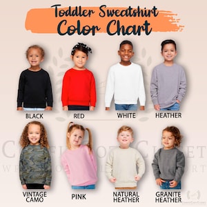 May include: Colour chart for toddler sweatshirts. The chart shows 10 different colours, including black, red, white, heather, vintage camo, pink, natural heather, and granite heather.