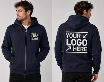 Kapuzenpullover mit durchgehendem Reißverschluss und individuellem Logo: Kapuzenpullover mit Logo-Zip-Up, Ihr Logo hier – Kapuzenpullover mit durchgehendem Reißverschluss
