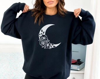 Floral Crescent Moon Sweatshirt: Celestial Boho Hoodie