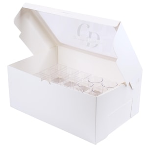 May include: White cardboard box with a clear plastic lid. The box is open and contains 12 clear plastic containers.