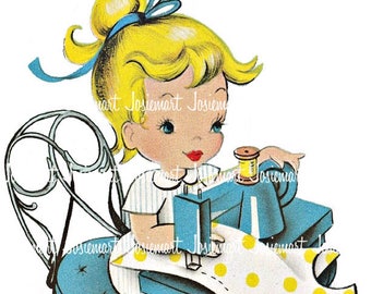 Girl with Sewing Machine - Quilting Girl Retro - Sew Quilt Machine - Digital Download Vintage Image Collage Large JPG and PNG Clipart