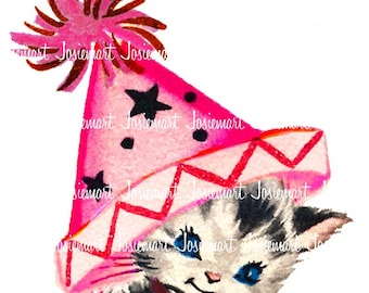 Pink Kitty with Party Hat Clip Art - Cat Image Greeting - Vintage Digital Download - Kitty Party Hat Birthday Kitten Image Large JPG PNG