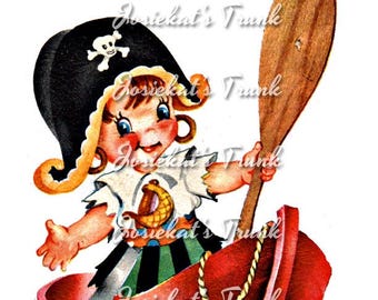 Girl Pirate Clipart - Pirate Girl Retro - Girl Pirate Boat - Digital Download Vintage Image - Scrapbook Collage Large JPG and PNG Clipart