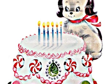Puppy Birthday Image Digital - Vintage Digital Download - Birthday Cake Dog Image -  Vintage Image Large PNG - Retro Birthday - Cute Puppy