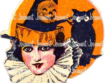 Halloween Image Digital - Vintage Digital Download - Witch Cat Image -  Vintage Image Large PNG - Retro Deco Halloween - Halloween Retro