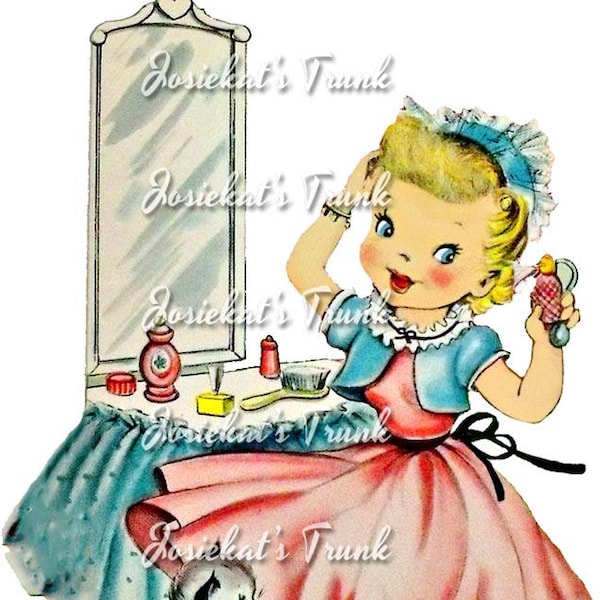 Girl at Vanity - Dressing Table - Vintage Digital Download Girl Blond Vanity - Image Collage Large JPG PNG Clipart - Vintage Card Make-up