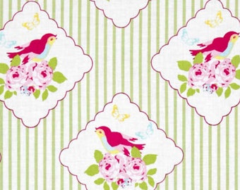 Zoey's Garden Fabric - Framed Birdies Green - Tanya Whelan Fabric - Shabby Green Fabric - Floral Roses Free Spirit - Green Pink Cottage