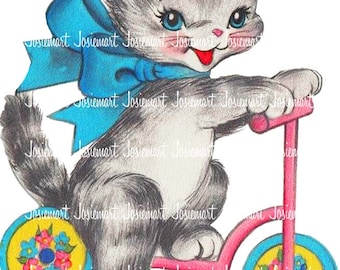 Cat Image Digital - Kitty Vintage Digital Download - Kitten on Scooter Image -  Vintage Image Large PNG - Retro Kitty Scooter - Cute Cat
