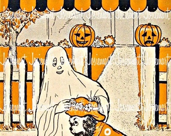 Halloween Image Digital - Halloween Ghost Trick or Treat - Vintage Digital Download - Ghost Puppy Image Deco -  Vintage Image Large JPG