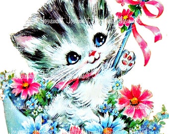 キティ クリップアート レトロ - 画像 デジタル キャット - ヴィンテージ デジタル ダウンロード - 子猫の傘 - ヴィンテージ 画像 ラージ PNG JPG - グリーティング キャット デイジー