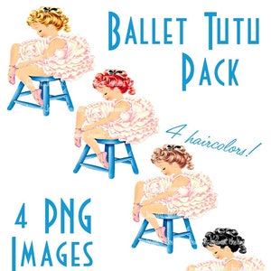 Könnte beinhalten: Vier digitale Bilder einer Ballerina in einem rosa Tutu und weißen Schuhen, die auf einem blauen Hocker sitzt. Die Ballerina hat verschiedene Haarfarben: blond, rot, braun und schwarz. Der Text "Ballet Tutu Pack" und "4 haircolors!" befindet sich über den Bildern. Der Text "4 PNG IMAGES INCLUDED" befindet sich unter den Bildern.