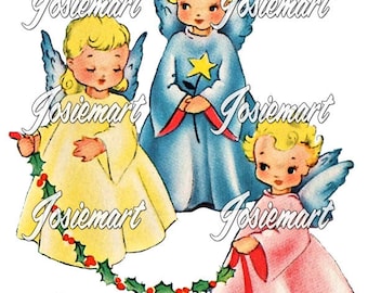 Vintage Digital Download Christmas Angel Trio Holly Vintage Image Collage Large JPG and PNG