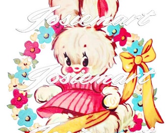 Vintage Digital Download Girl Bunny with Pink Dress Vintage Image Collage Large JPG