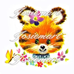 May include: A cartoon illustration of a furry orange and brown animal with big green eyes and a blue jeweled collar. The animal is surrounded by colorful flowers and a yellow butterfly.