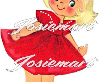 May include: A young girl with blonde hair and a red dress with white polka dots. She is wearing a red bow in her hair and has a big smile on her face.