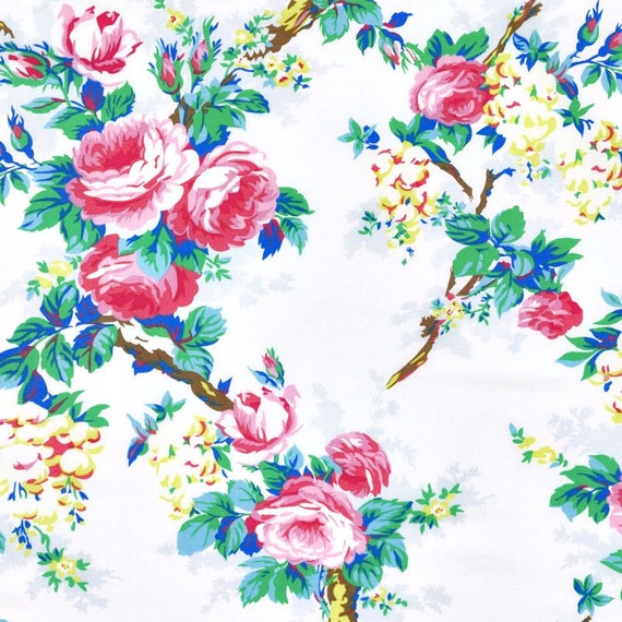 Sunny Isle Fabric - Garen White Fabric - Jennifer Paganelli Fabric - White Pink Blue Floral - Sisboom Fabric -  Roses White Fabric