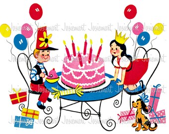 Vintage Digital Download Birthday Party Children Primary Gifts Table Cake Image Collage Large JPG PNG