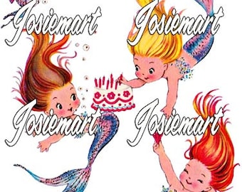 Vintage Digital Download Mermaid Birthday Cake Vintage Image Collage Large JPG and PNG