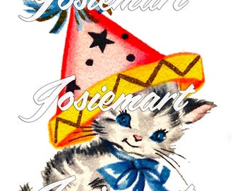 Vintage Digital Download Kitty Party Hat Birthday Kitten Image Collage Large JPG