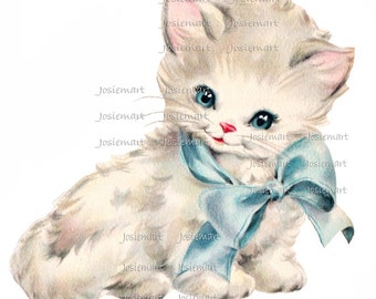Digital Download Kitten with Blue Bow Vintage Image Collage Large JPG PNG