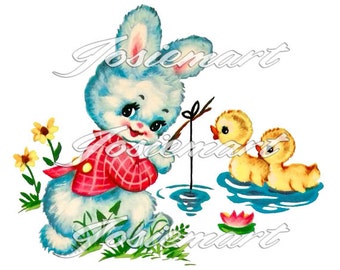 Vintage Digital Download Bunny with Fishing Pole Kawaii Vintage Image Collage Large JPG