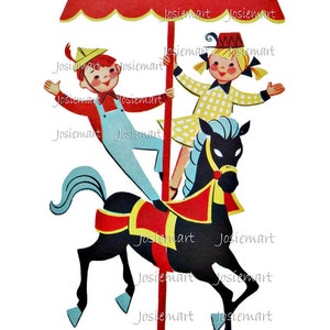 Puede incluir: Una ilustración vintage de un carrusel rojo, blanco y azul con un caballo negro, una niña con un vestido a cuadros rojo y blanco y un niño con un atuendo azul y rojo.