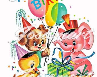 Vintage Digital Download Birthday Party Baby ANimals Kawaii Vintage Image Collage Large JPG