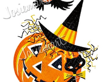 Collage de imágenes vintage de Halloween, calabaza, búho y gato, descarga digital, tamaño grande, JPG