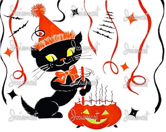 Halloween Digital Download Kitty Party Pumpkin Vintage Image Collage Large JPG PNG