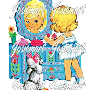 Vintage Digital Descargar Chica Rubia con Vanidad y Poodle Vintage Imagen Collage Grande JPG PNG Clipart