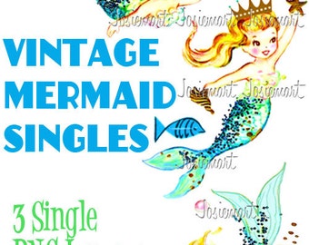 Vintage Mermaid Single Images - Digital Download Mermaid 3 Separate Girl Vintage - Beach Party Image Collage Large PNG