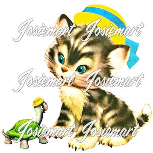 Vintage Digital Download Kitty with Turtle Vintage Image Collage Large JPG PNG