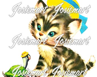 Vintage Digital Download Kitty with Turtle Vintage Image Collage Large JPG PNG