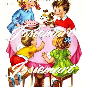 Vintage digital Download Geburtstag Kinder am Tisch mit Kuchen Vintage Bild Collage große JPG