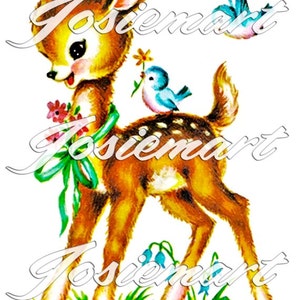 Vintage Digital Download Deer  with Bluebirds Kawaii Vintage Image Collage Large JPG