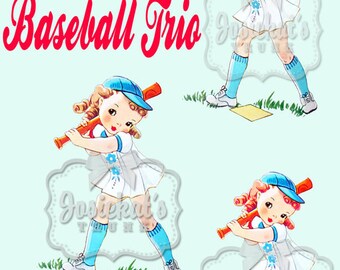 Vintage Digital Download Baseball Girl Image Collage Large JPG PNG Blonde Red Brunette