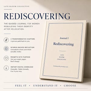 Könnte beinhalten: Ein cremefarbenes Journal mit dem Titel Rediscovering Journal I von Late Bloom Collective. Der Einband zeigt dunkelblauen Text und einen doppelten Linienrahmen. Der umgebende Text beschreibt das Journal als Identitätsleitfaden.