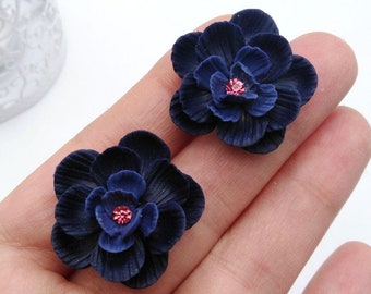 Navy Blue Floral Stud Earrings: Handmade Polymer Clay Jewelry