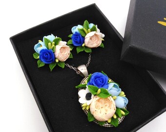 Polymer Clay Floral Jewelry Set: Rose Pendant Necklace & Stud Earrings