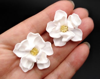 Handmade Polymer Clay Magnolia Flower Earrings: Floral Wedding Jewelry
