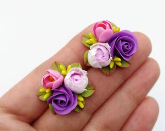 Handcrafted Violet Peony Stud Earrings: Polymer Clay Floral Jewelry